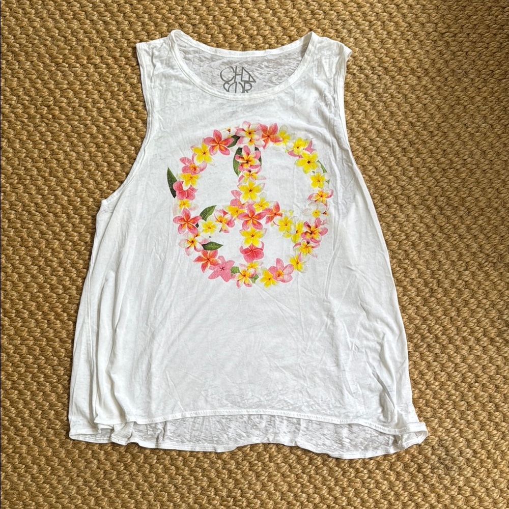 NWOT Chaser Floral Peace Sign White Tank Top